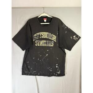 Pittsburgh Steelers Y2K Paint Splatter Thrashed Shirt Size XXL 100% Cotton Black
